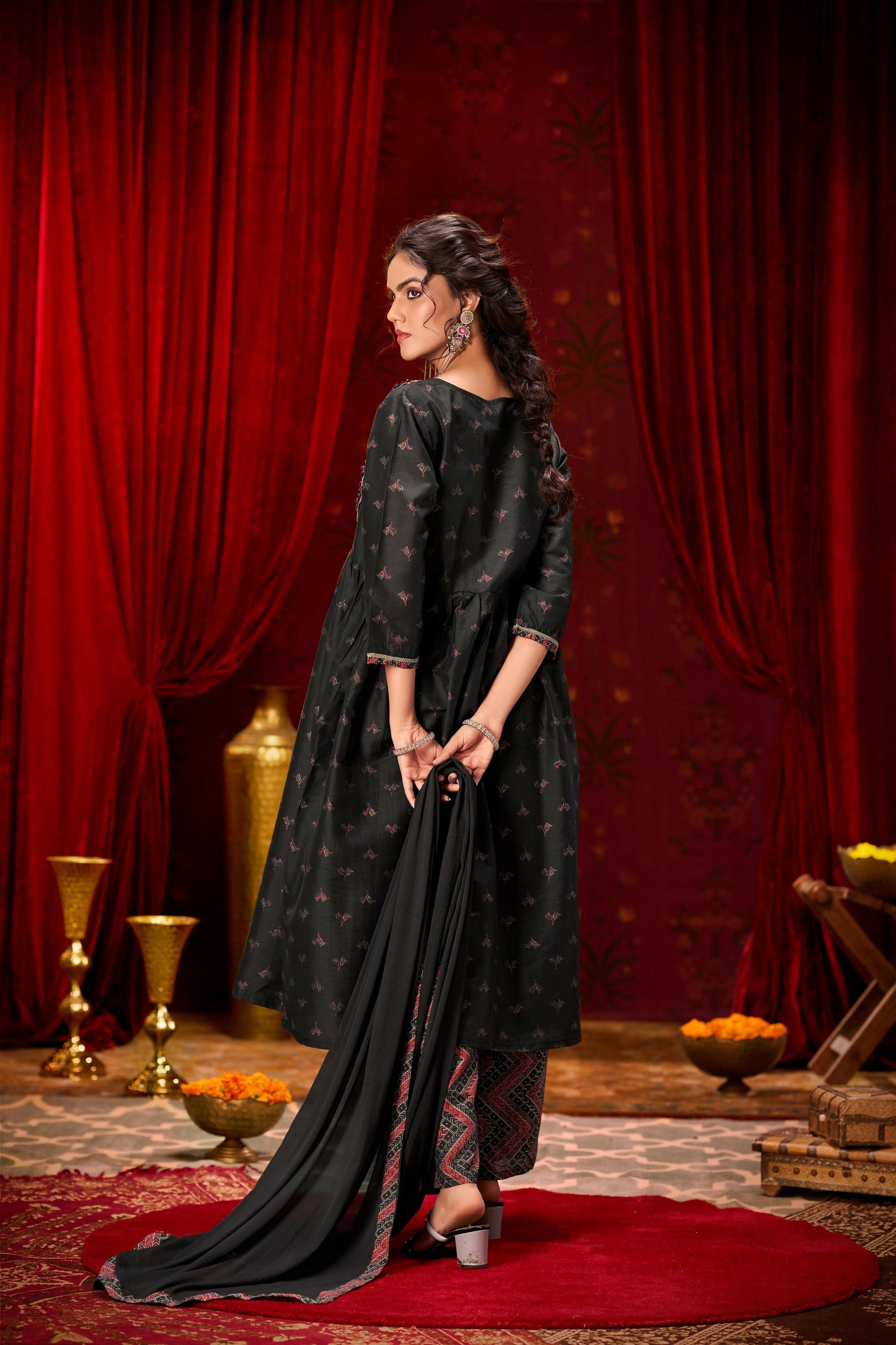 BulBul Black Ajrakh Print Chanderi Silk Kurta Set with Dupatta 