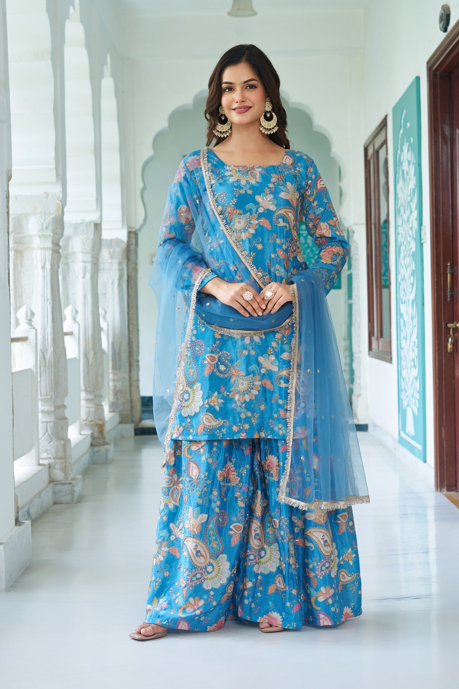 Teeya Creation Multi Color Chinnon Silk With Heavy Embroidery With Positiona Print Fully Stitched Sharara Suit