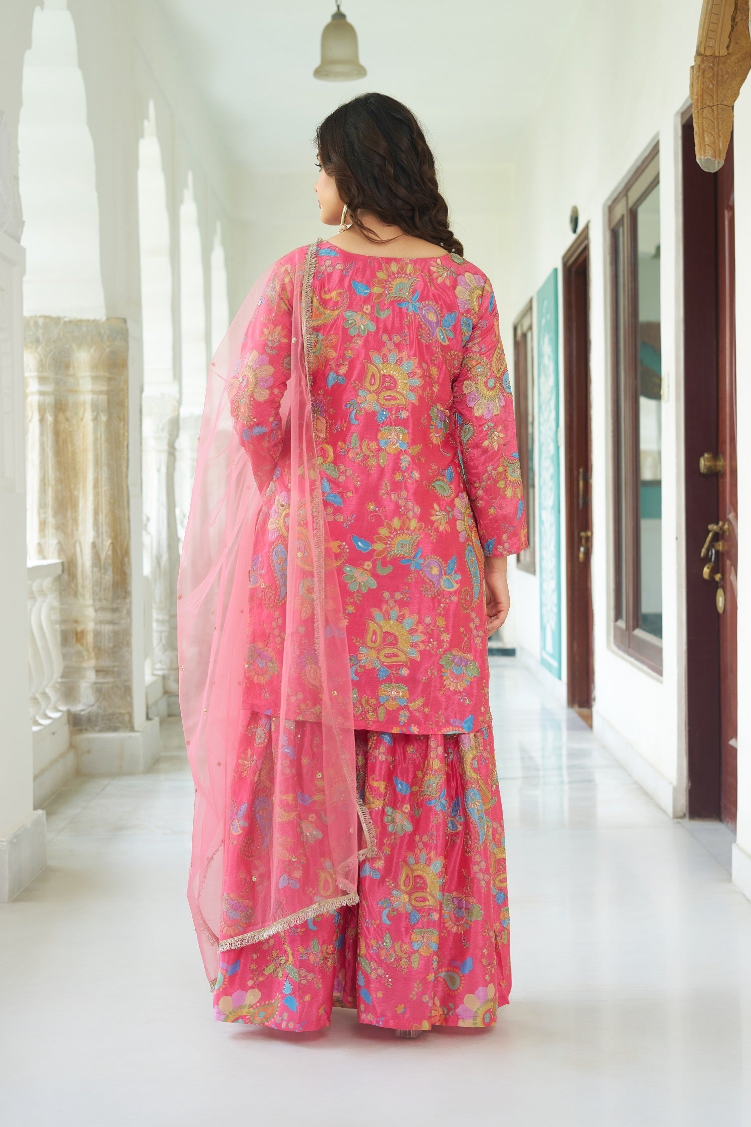 Teeya Creation Multi Color Chinnon Silk With Heavy Embroidery With Positiona Print Fully Stitched Sharara Suit