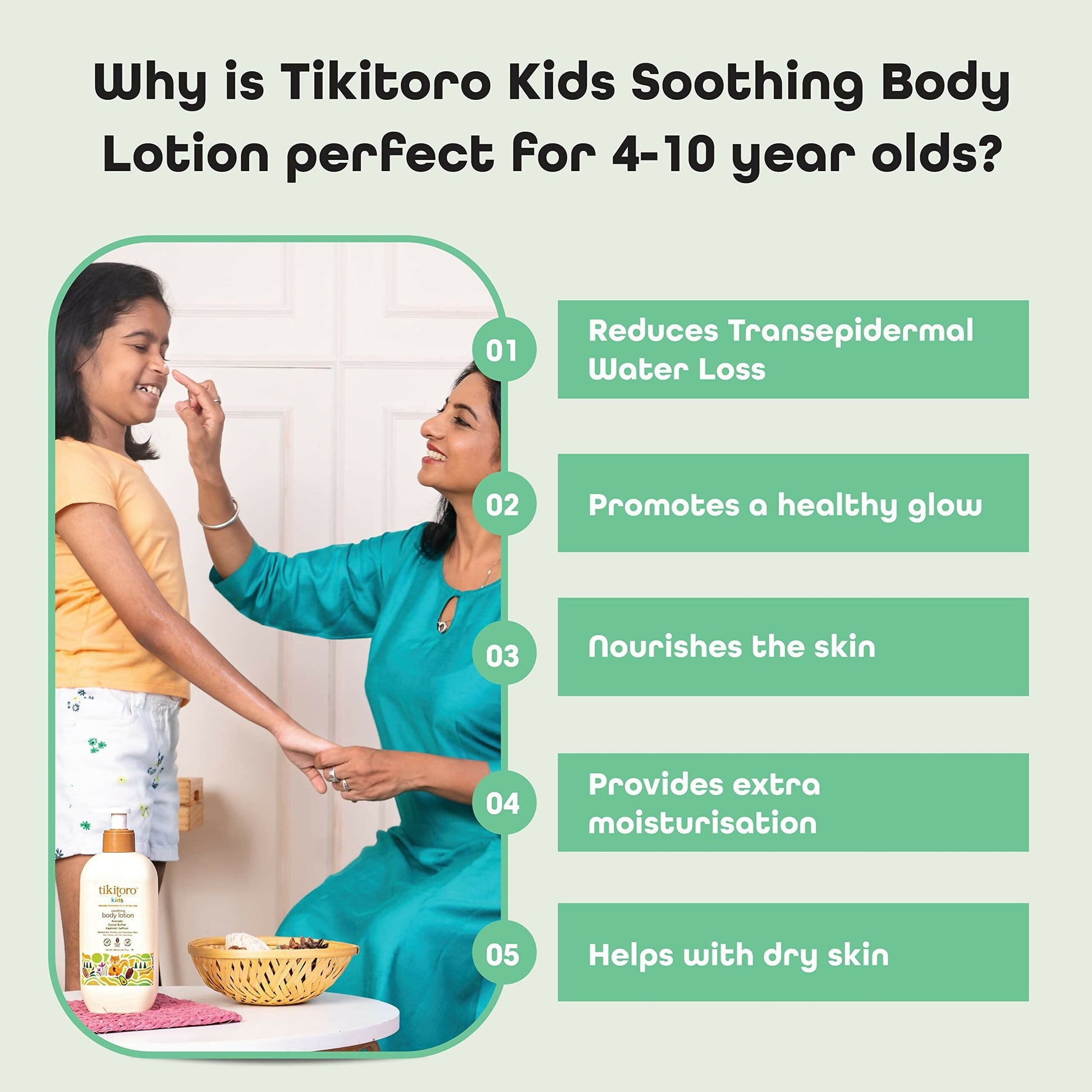 Tikitoro Kids Soothing Body Lotion 100% Vegan with Avocado, Cocoa Butter, Kashmiri Saffron Extract, Moisturizes, Soothes & Nourishes Skin  Grab2Buy Tikitoro Grab2Buy