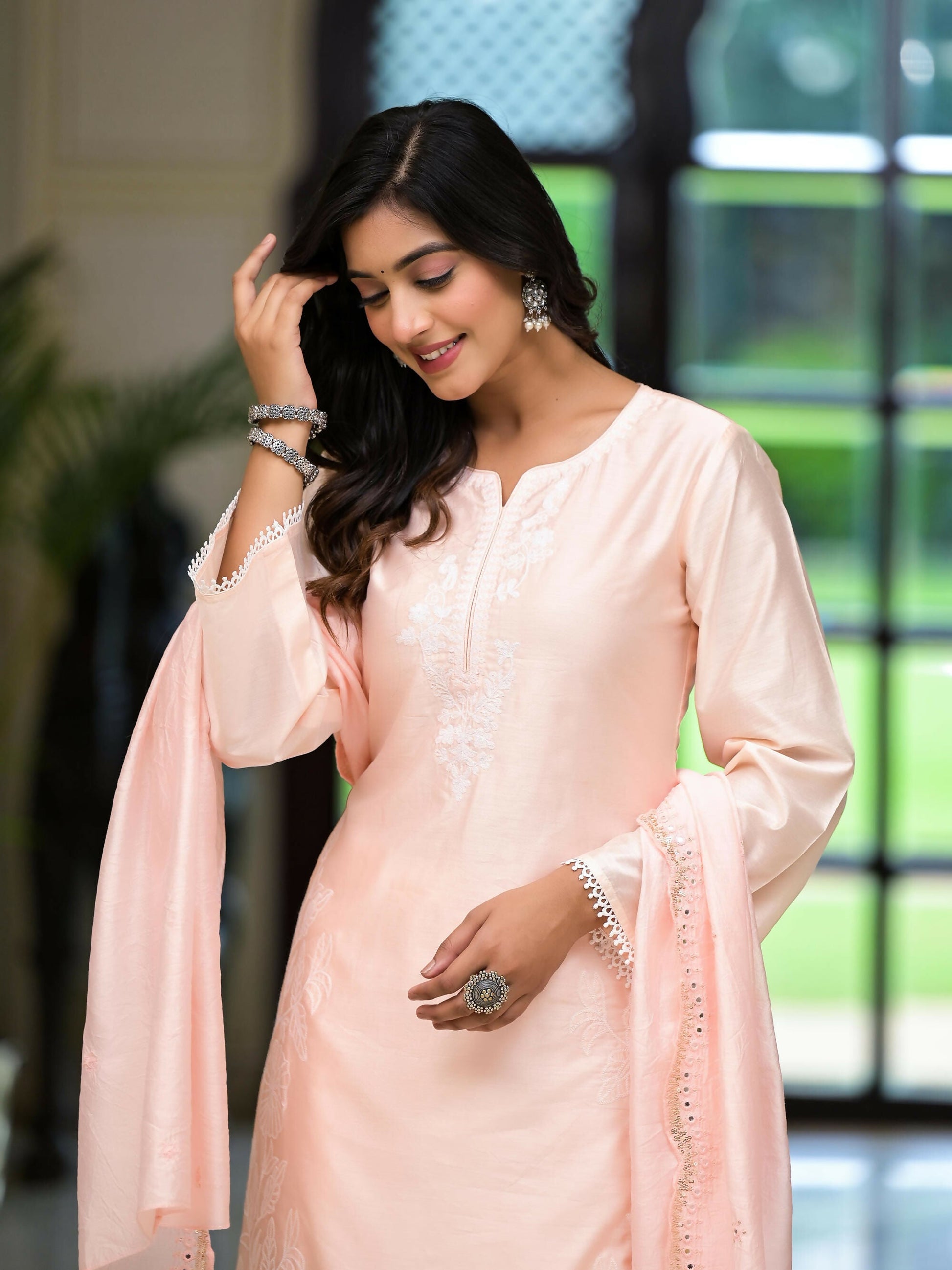 Juniper Women's Pink Thread Embroidered Viscose Kurta Palazzo And Dupatta Set With Thread & Mirror Work