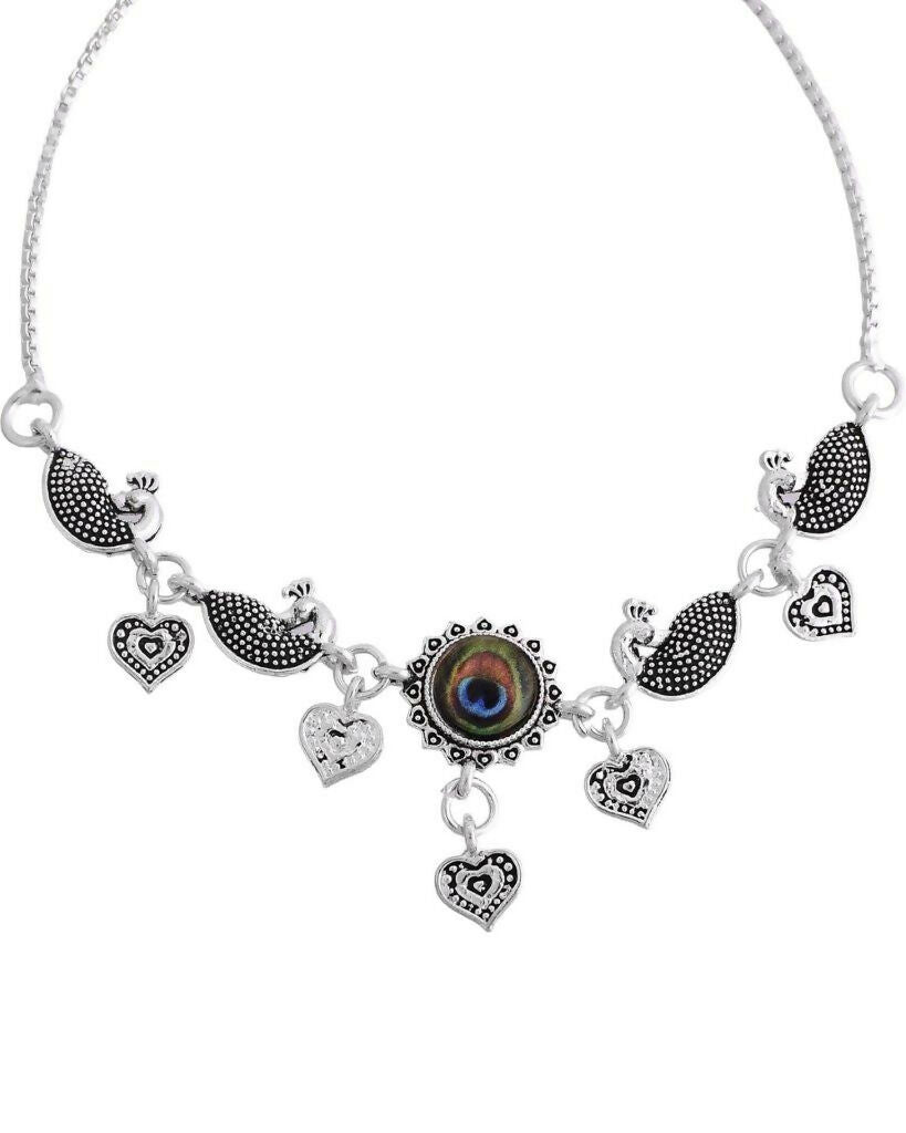 VOJ Set Of 2 Silver Plated Peacock Handcrafted Anklets 