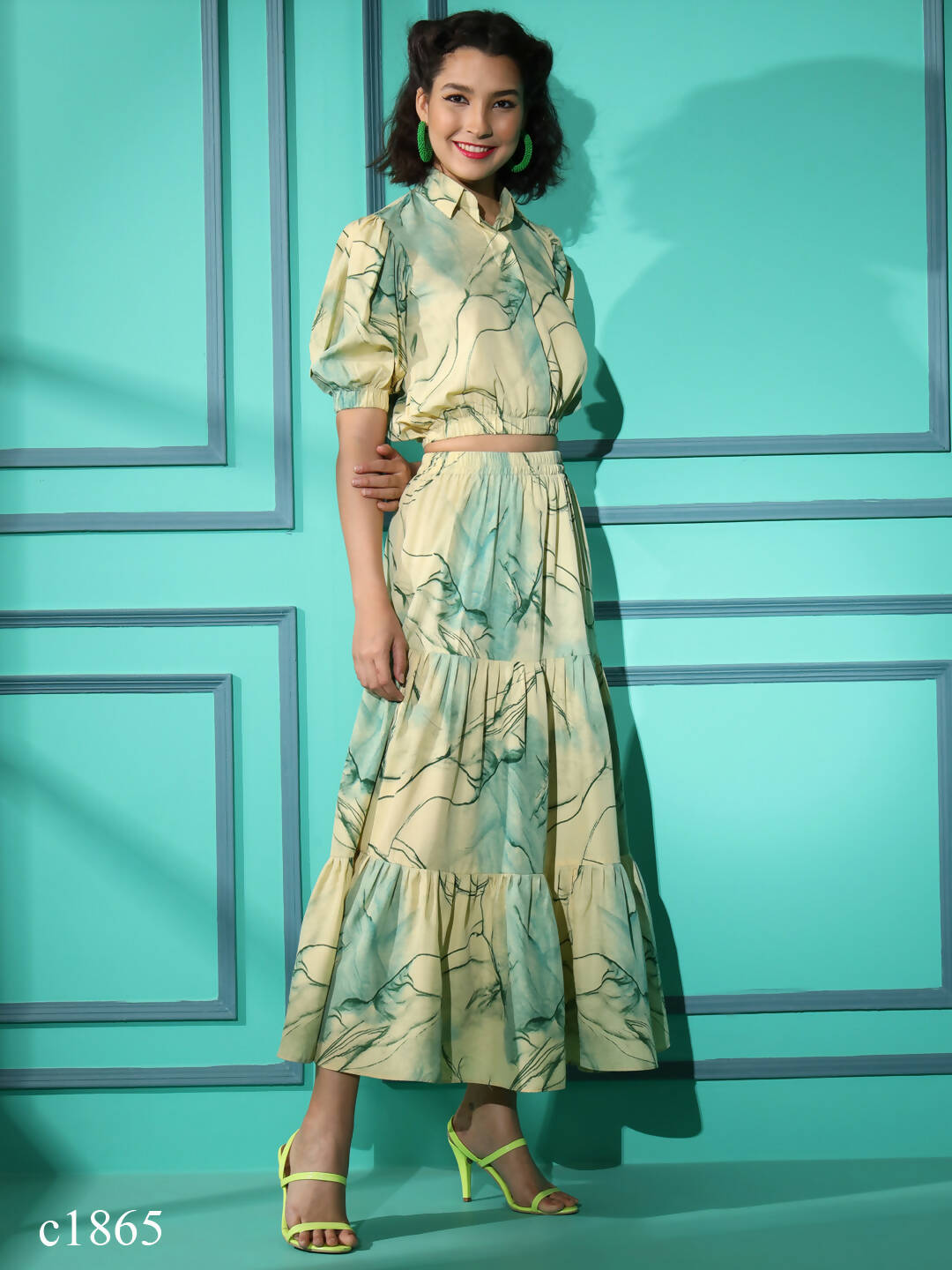 Green Rayon Tie dye Printed Top with Matching Skirt - Shivani