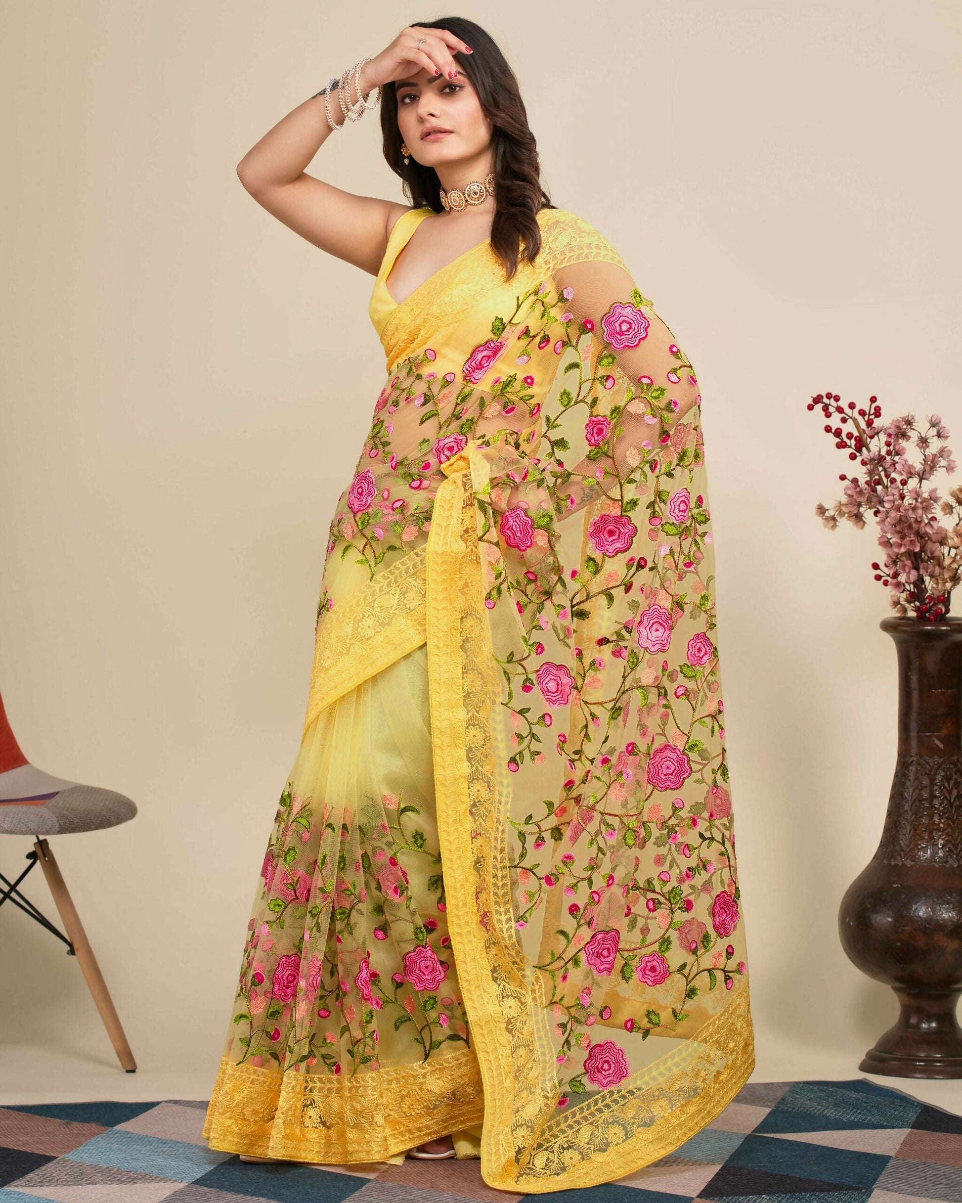 Teeya Creation Womens Latest Stylish Party Wear Soft Net Saree-Yellow