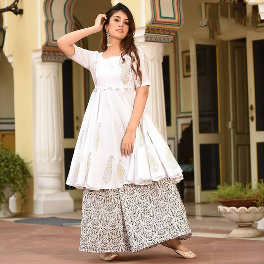 PartyWear Designer White Pure Maslin Palazzo Suit - Anbazaar