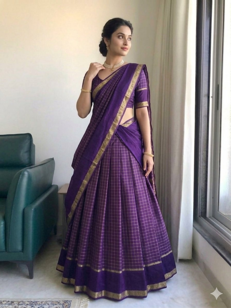 Teeya Creation New South Indian Silk Checked Half Saree Lehenga Choli with Zari Border-Purple