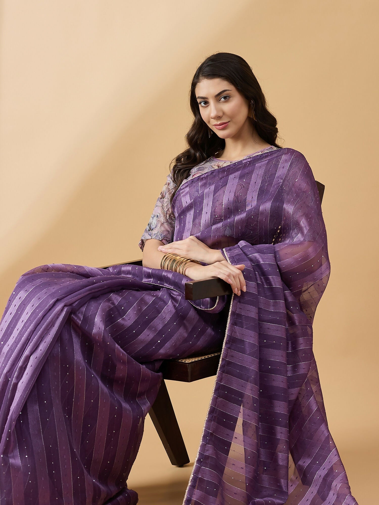 Purple Cotton Blend Sequence Work Saree with Stitched Blouse - Dharavi