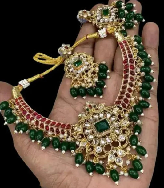 Jewel City Traditional Kundan Choker Necklace Set - Green Drops & Red Accent - Handcrafted Gold-Plated Bridal Jewelry with Earrings | Grab2Buy