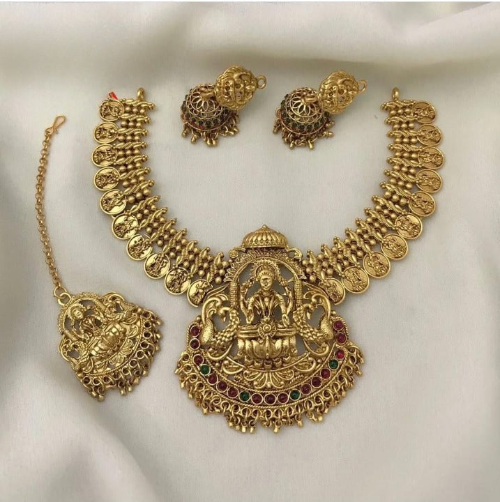 Jewel City Handcrafted Lakshmi Temple Jewelry Set - Traditional South Indian Antique Gold-Plated Necklace with Jhumka Earrings & Tikka Bridal Collection | Grab2Buy