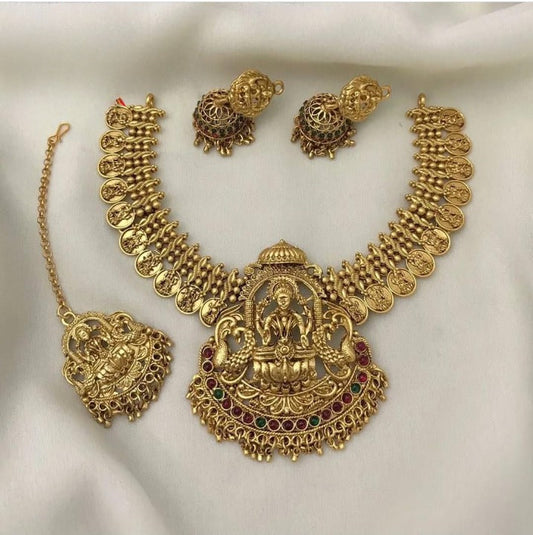 Jewel City Handcrafted Lakshmi Temple Jewelry Set - Traditional South Indian Antique Gold-Plated Necklace with Jhumka Earrings & Tikka Bridal Collection | Grab2Buy