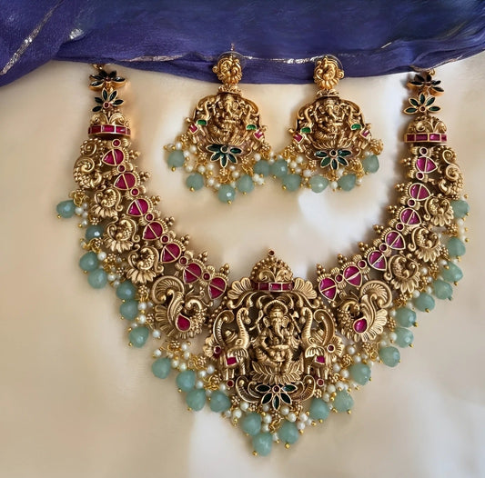 Jewel City Exquisite Ganesha Temple Jewelry Set - Antique Gold-Plated Necklace and Earrings with Ruby Pink Stones & Mint Green Beads (Premium Designer Collection) | Grab2Buy