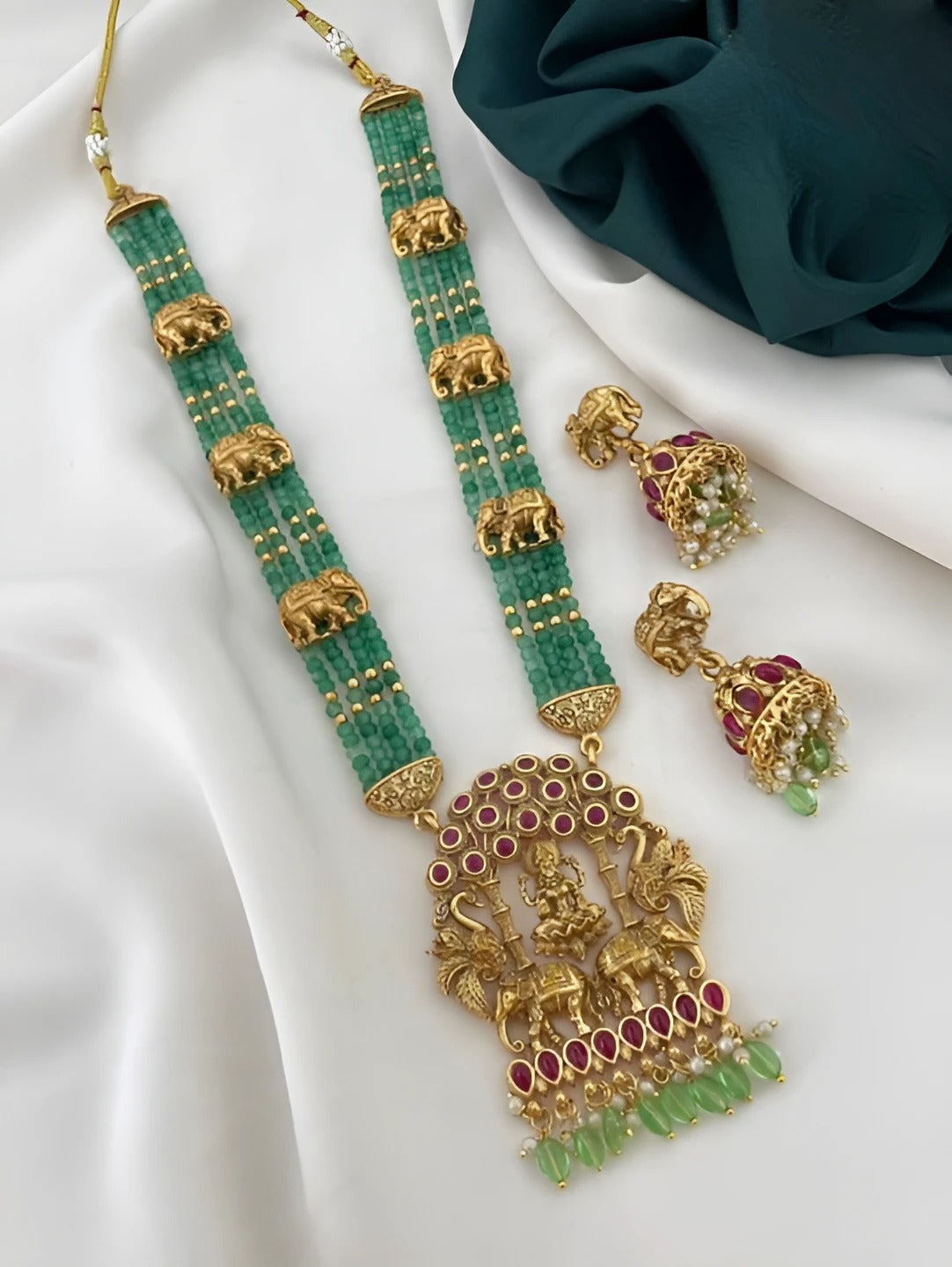 Jewel City Royal Elephant Emerald Beaded Necklace Set - Antique Gold Temple Jewelry with Ruby Accents (Designer Collection) | Grab2Buy