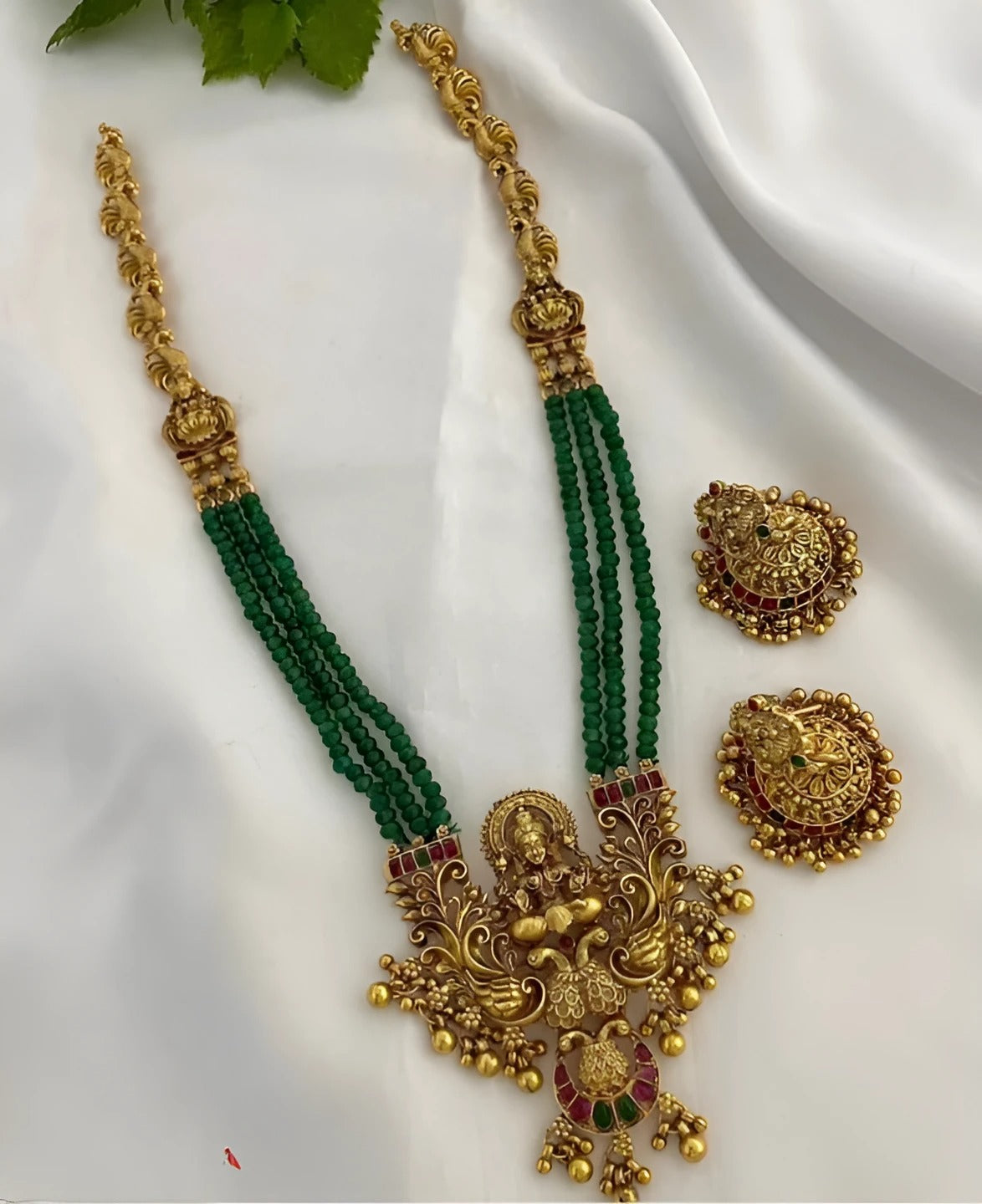 Jewel City Emerald Temple Necklace Set - Antique Gold Goddess Design with Multi-Strand Beads (Traditional Collection) | Grab2Buy