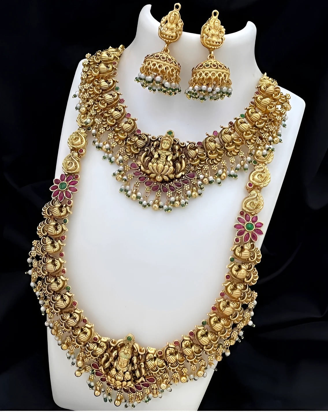Jewel City Temple Jewelry Long Necklace Set - Antique Gold Lakshmi Design with Pearl Drops & Jhumka (Bridal Collection) | Grab2Buy