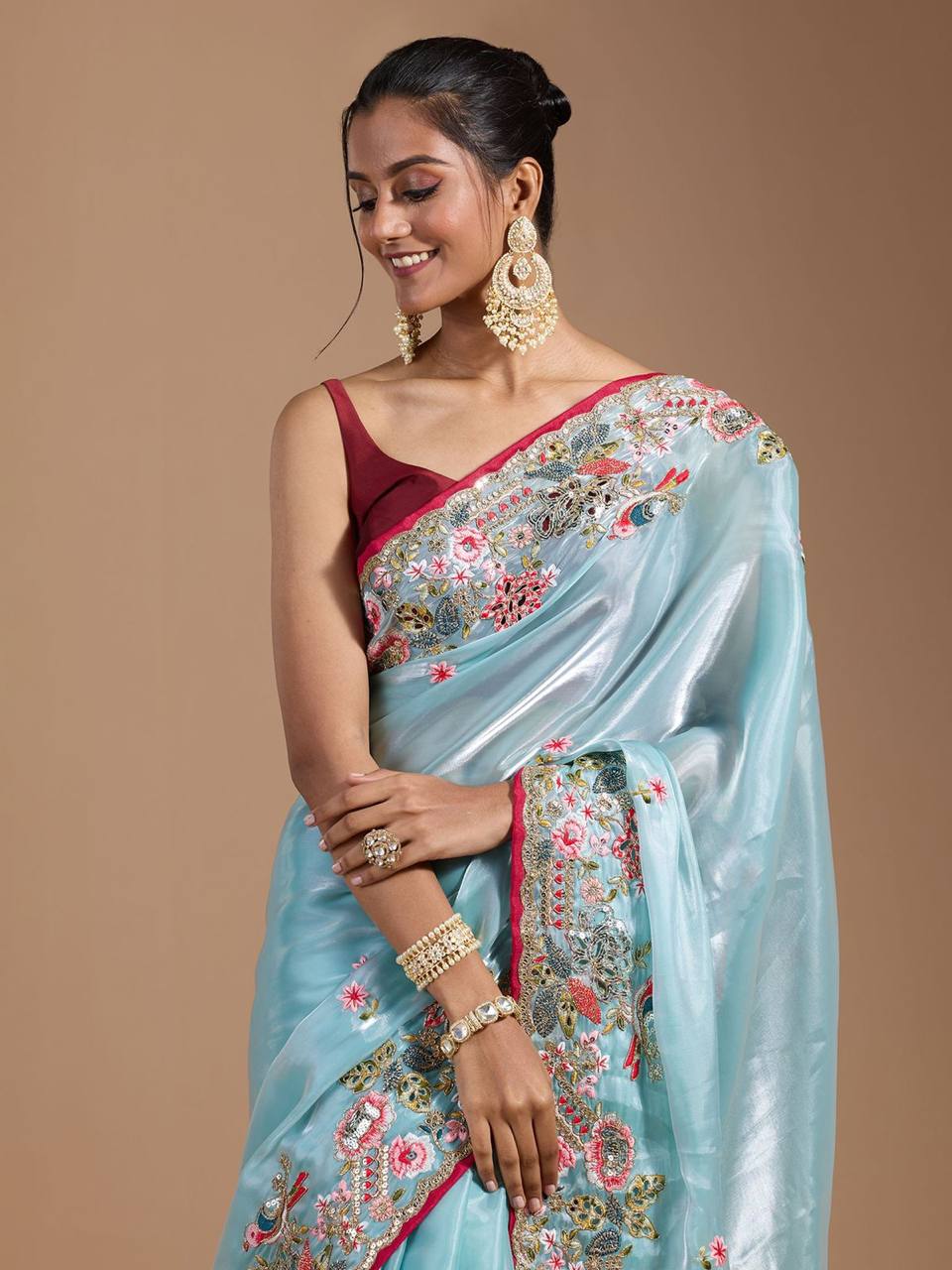 Teeya Creation Sky Color Organza Silk Heavy Work Saree