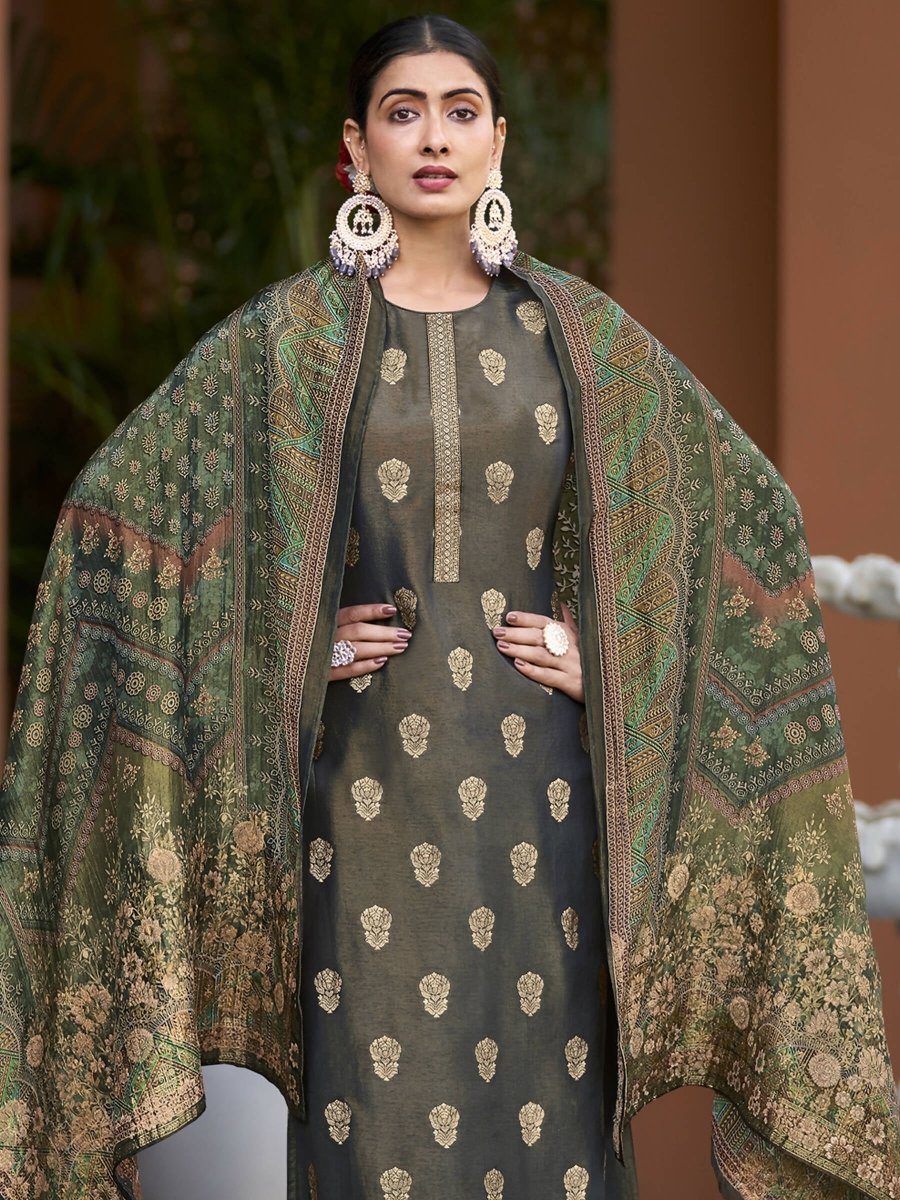 Aastha Fashion Women's Green Pure Silk Elegant Jacquard Woven Kurta with Trouser & Dupatta - Grab2buy