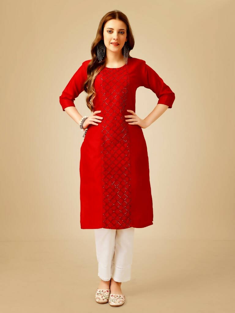 Aastha Fashion Women's Red Cotton Blend Embroidered Kurta Pant Set - Grab2buy