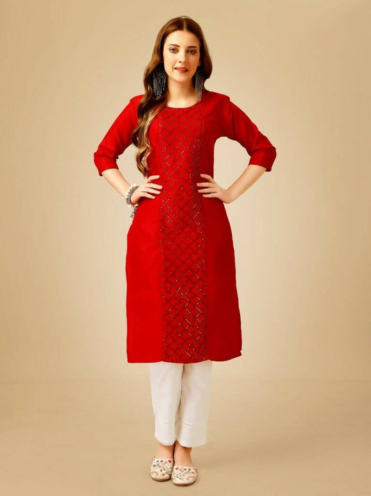 Aastha Fashion Women's Red Cotton Blend Embroidered Kurta Pant Set - Grab2buy
