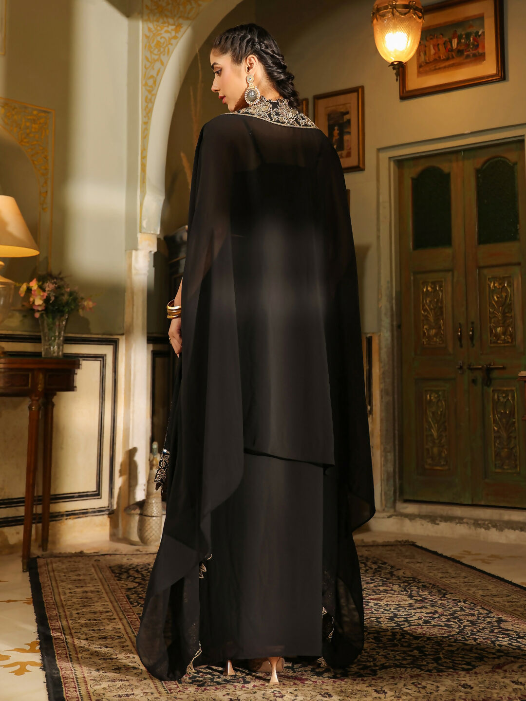 Janasya Black Georgette Solid Top Bottom Cape 