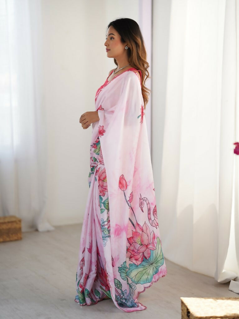 Off White Chinon Designer Digital Printed,Mirror Cut Work Saree - Manvika