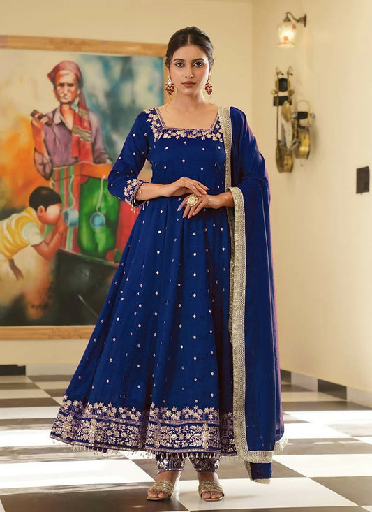 Teeya Creation Royal Blue Color Pure Vichitra Silk Embroidery Work Party Wear Gown