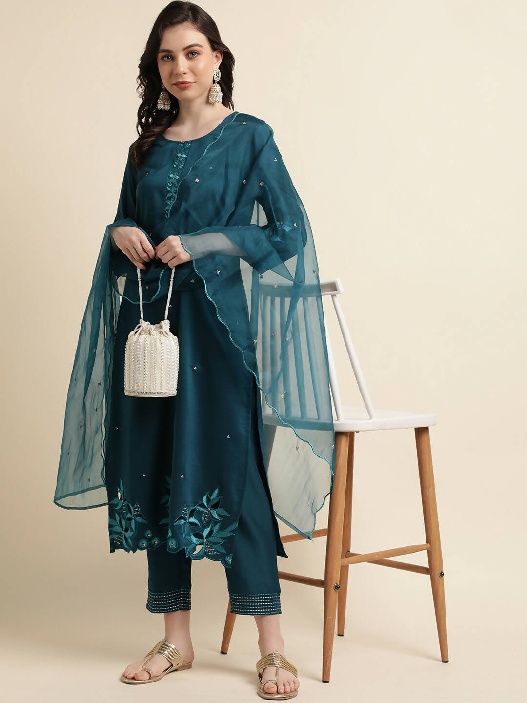 Teal Chinon Silk Embroidered Straight Kurta with Trouser & Dupatta - Salimar
