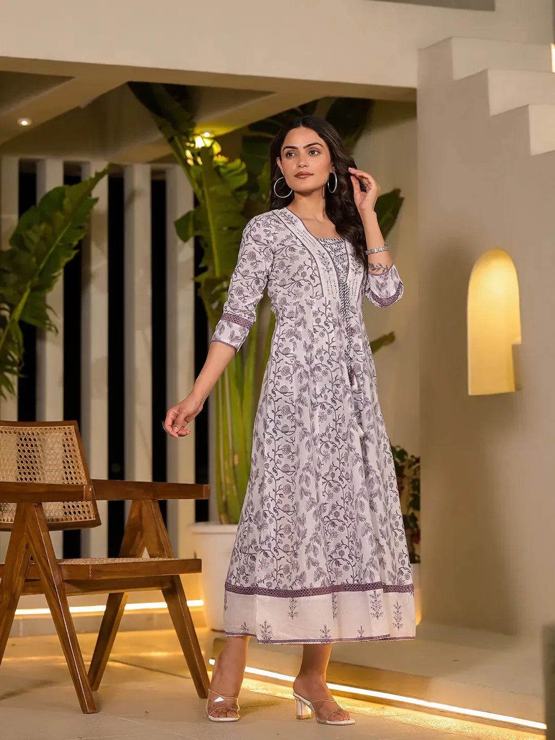 Yufta Purple Floral Print Kantha Work A-Line Dori Work Dress  Grab2Buy Yufta Grab2Buy