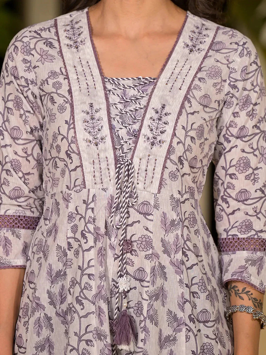 Yufta Purple Floral Print Kantha Work A-Line Dori Work Dress  Grab2Buy Yufta Grab2Buy