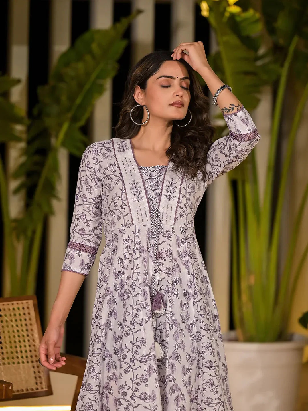 Yufta Purple Floral Print Kantha Work A-Line Dori Work Dress  Grab2Buy Yufta Grab2Buy