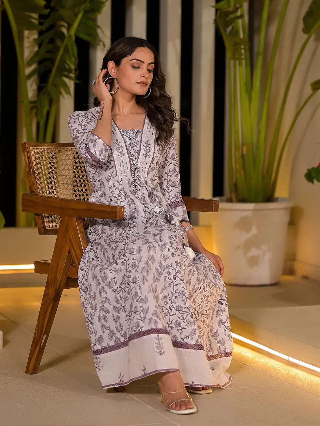 Yufta Purple Floral Print Kantha Work A-Line Dori Work Dress  Grab2Buy Yufta Grab2Buy