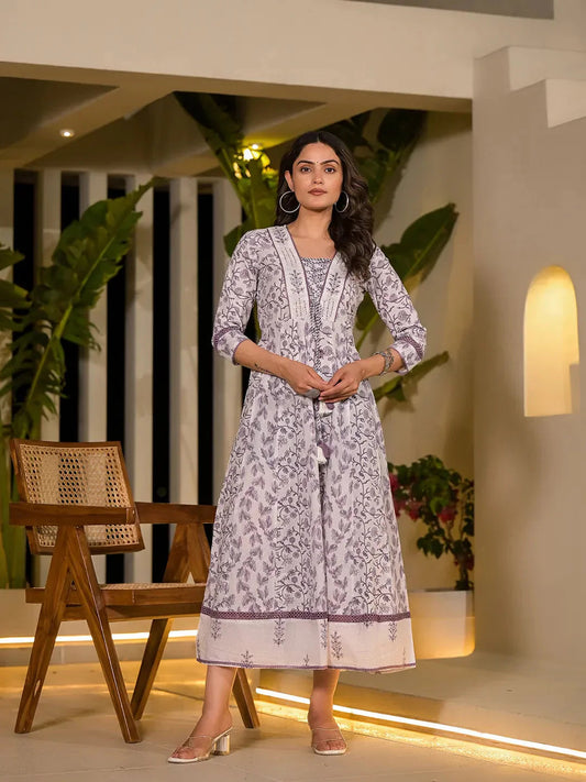 Yufta Purple Floral Print Kantha Work A-Line Dori Work Dress  Grab2Buy Yufta Grab2Buy