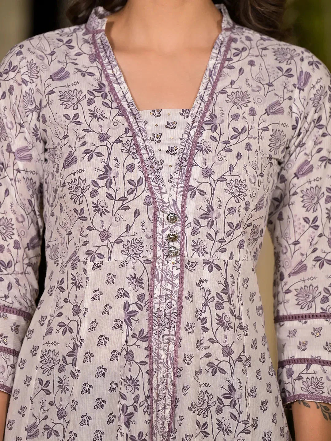 Yufta Purple Floral Print Kantha Work A-Line Dress  Grab2Buy Yufta Grab2Buy