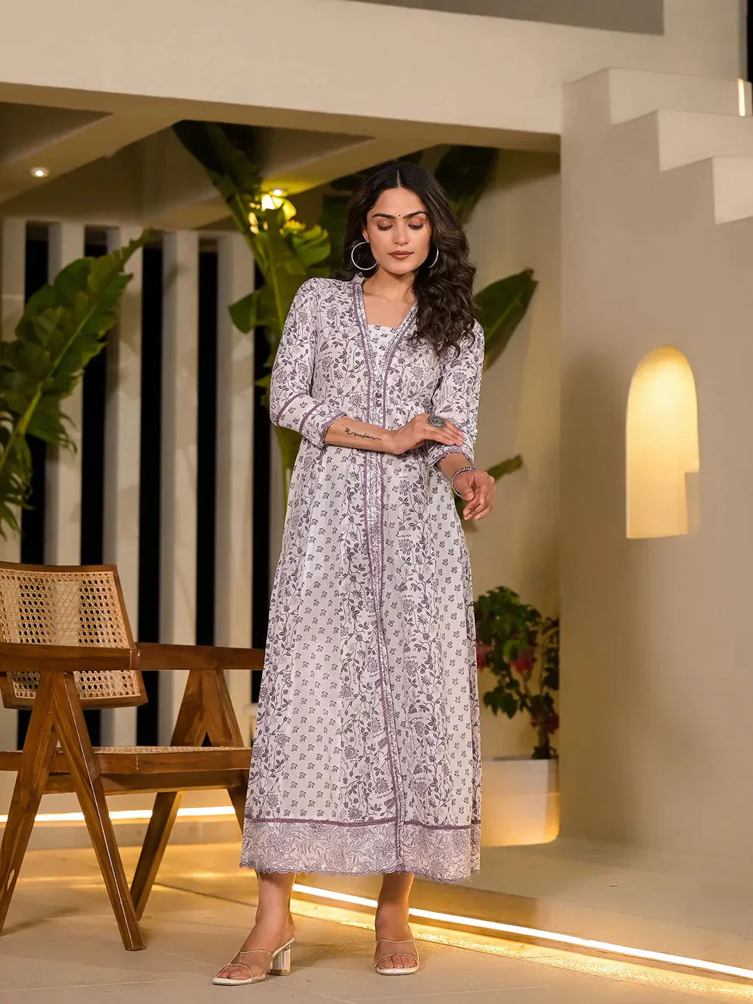 Yufta Purple Floral Print Kantha Work A-Line Dress  Grab2Buy Yufta Grab2Buy