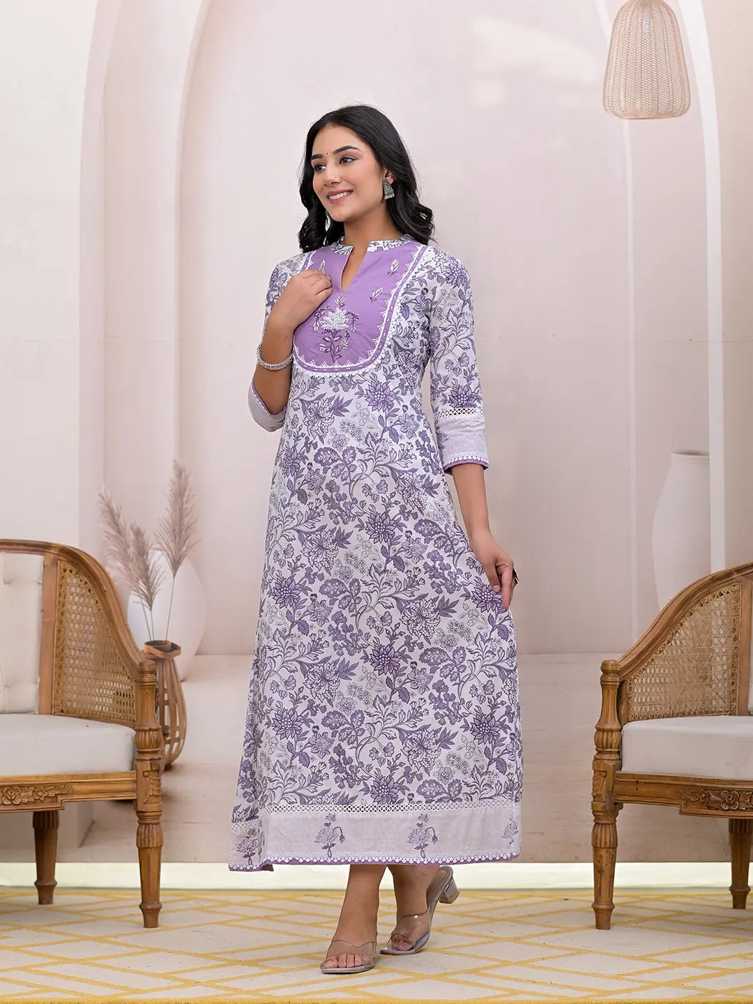 Yufta Purple Resham_Embroidery Cotton A-Liine Dress  Grab2Buy Yufta Grab2Buy