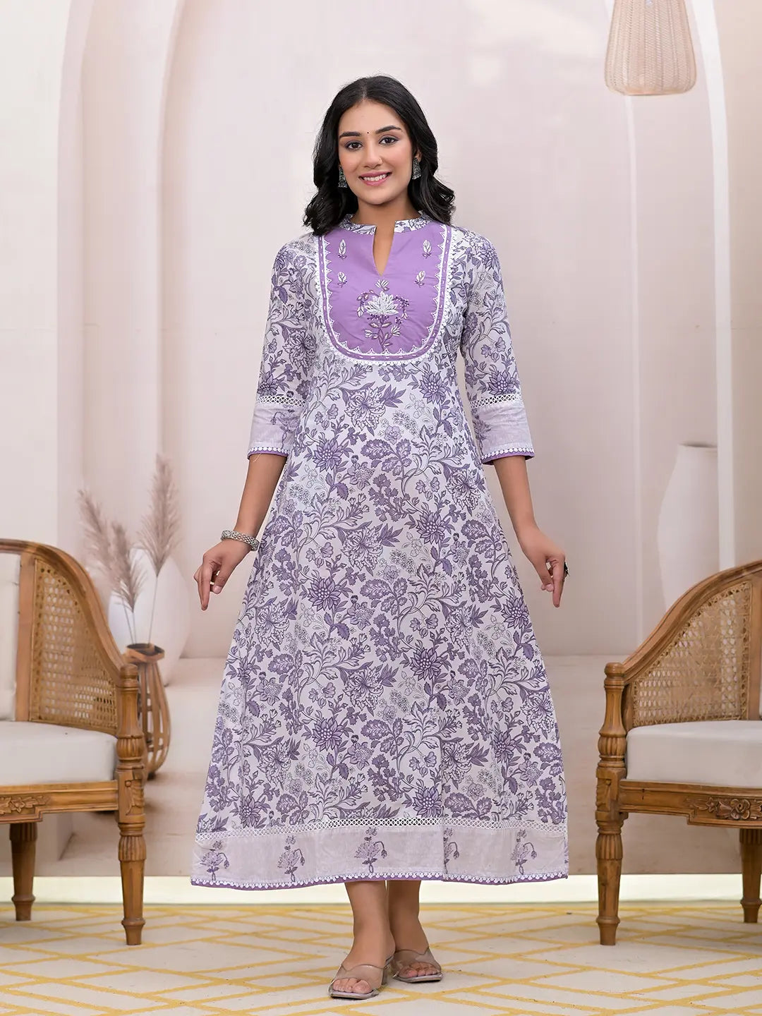 Yufta Purple Resham_Embroidery Cotton A-Liine Dress  Grab2Buy Yufta Grab2Buy