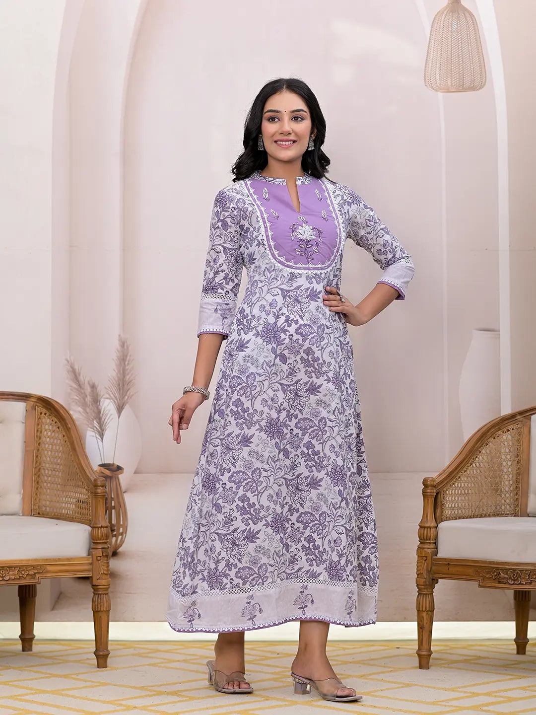 Yufta Purple Resham_Embroidery Cotton A-Liine Dress  Grab2Buy Yufta Grab2Buy