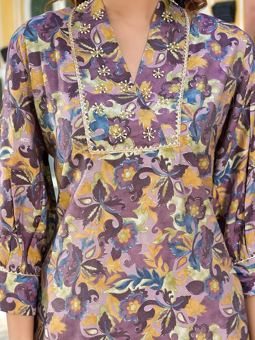Yufta Purple Silk blend Floral Print Co-ord set 
