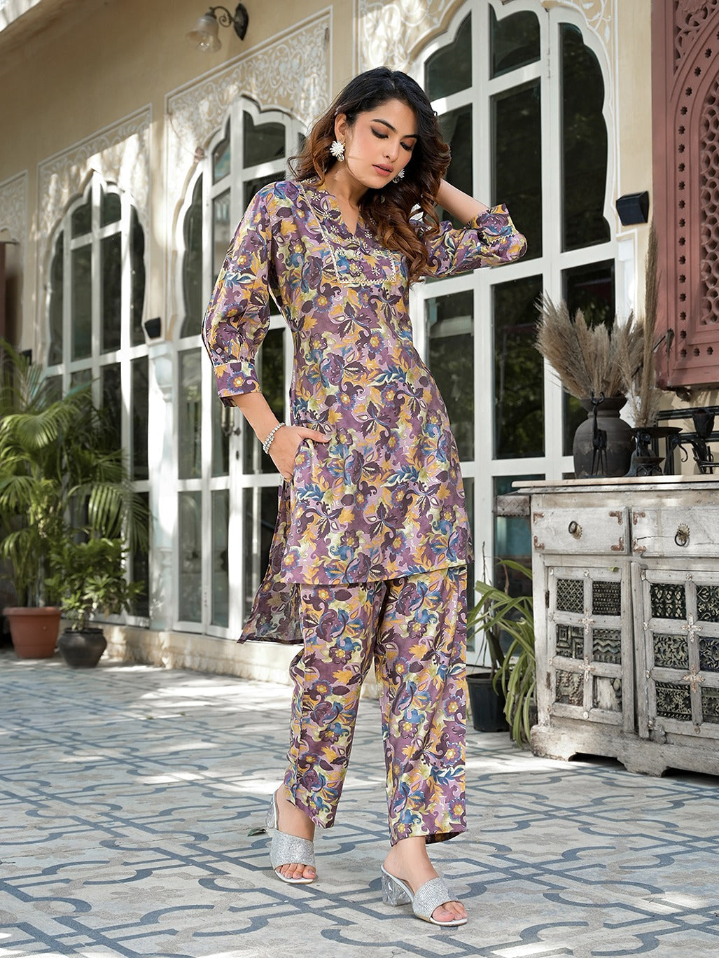 Yufta Purple Silk blend Floral Print Co-ord set 