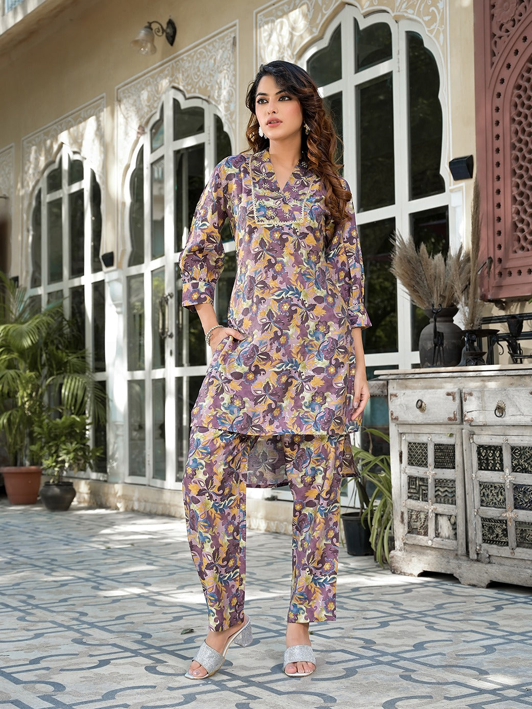 Yufta Purple Silk blend Floral Print Co-ord set 