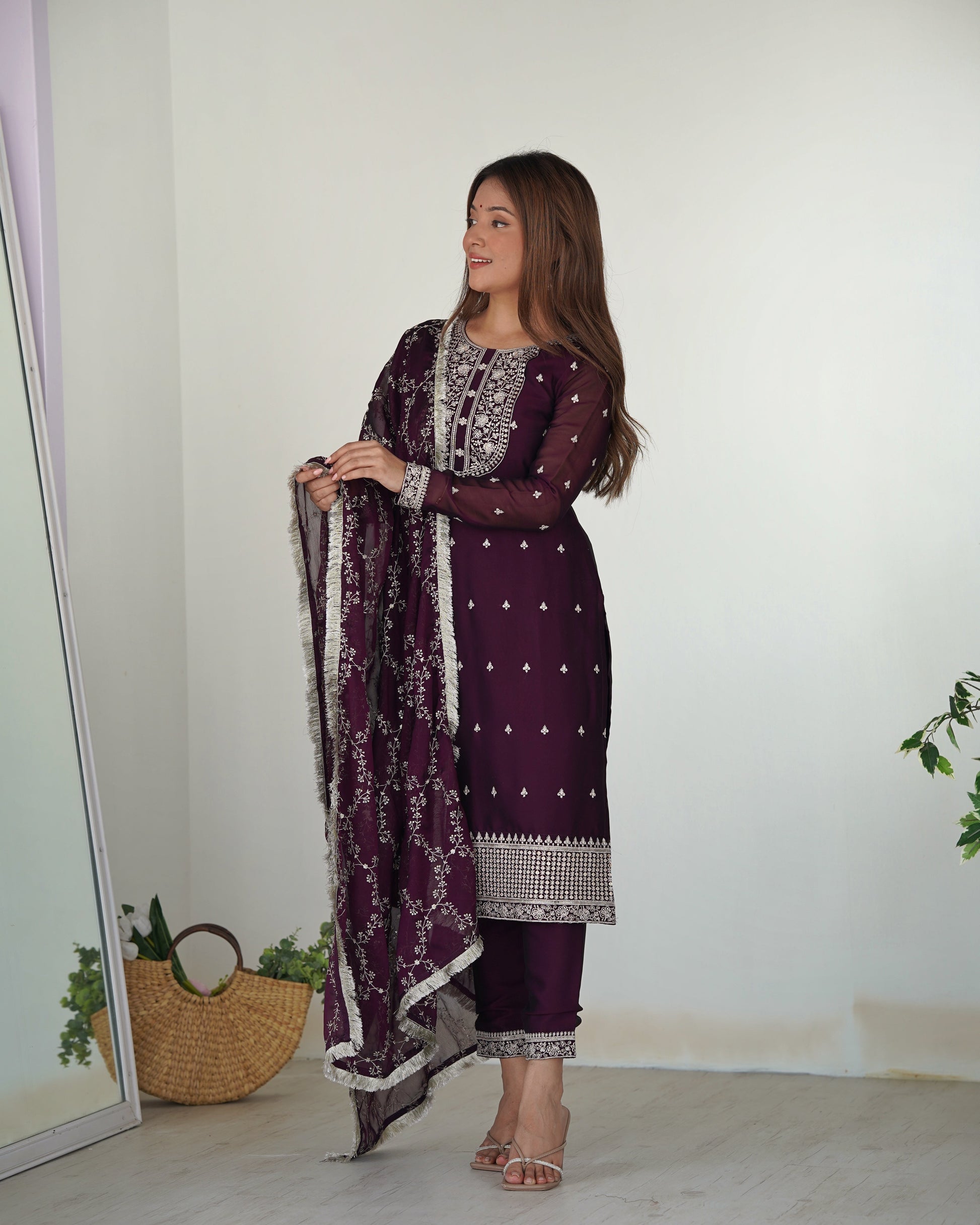 Lorenvalley Wine Rangoli Silk Embroidery Sequence And Thread Work Kurta Trousers with Dupatta Set 