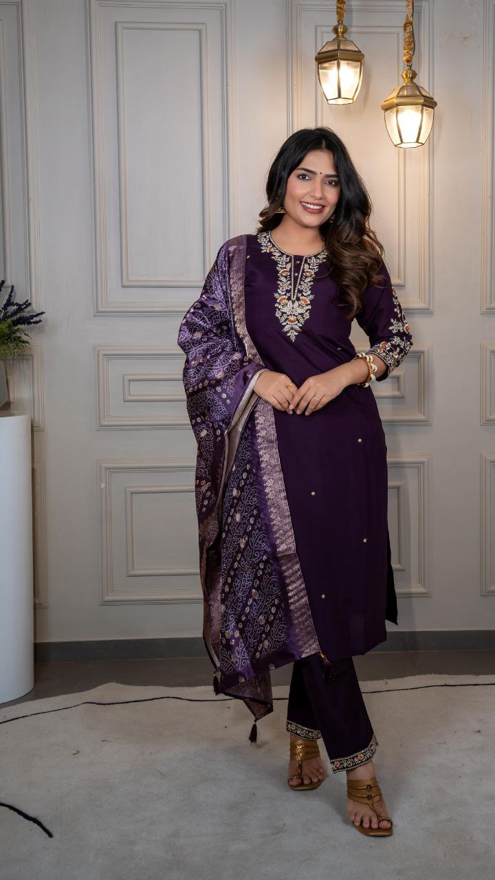 Lorenvalley Fashion Purple Roman Silk Embroidery Multi Work Kurta Pant with Dupatta 