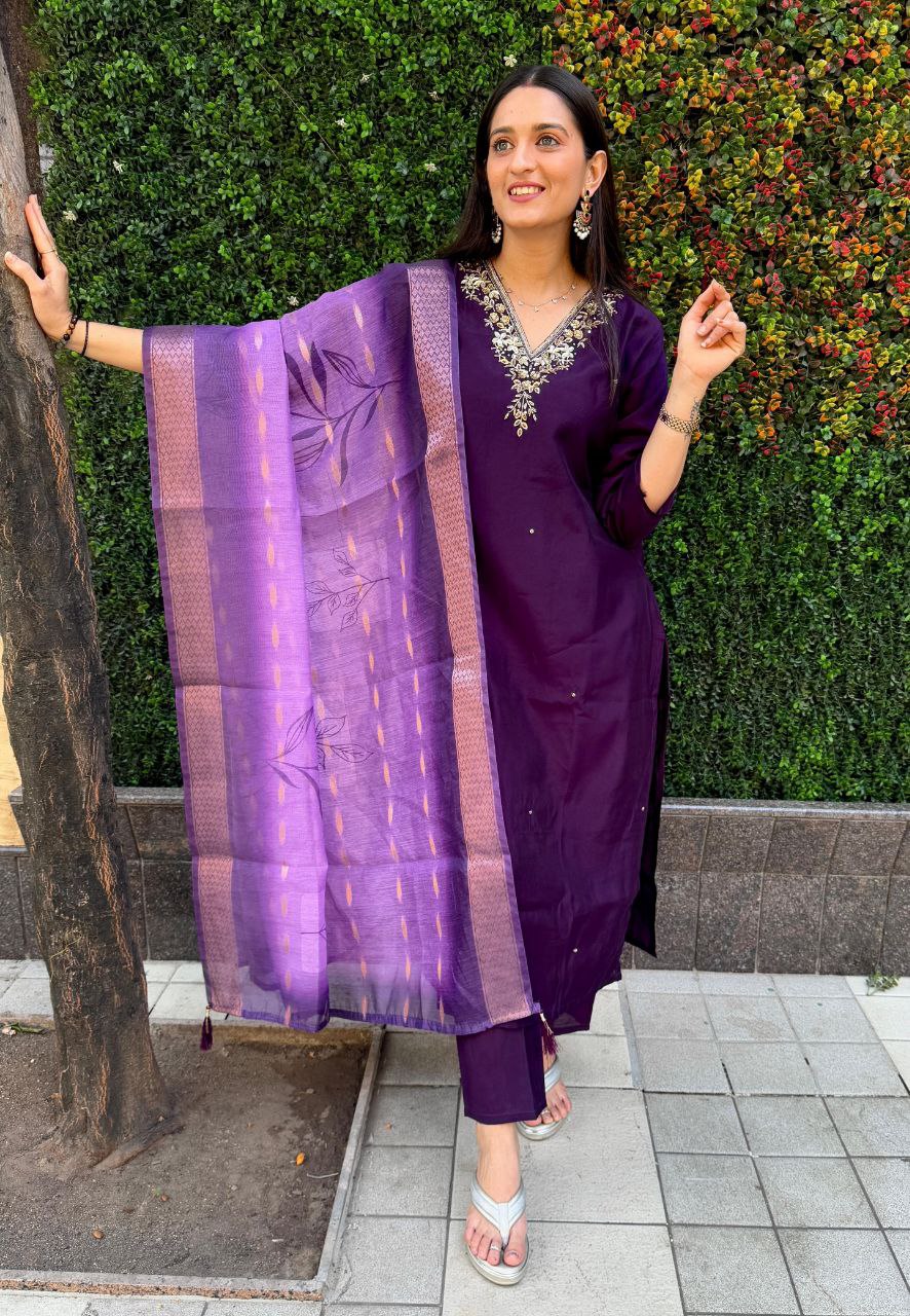Lorenvalley Fashion Purple Roman Silk Hand Work Kurta Pant with Dupatta 