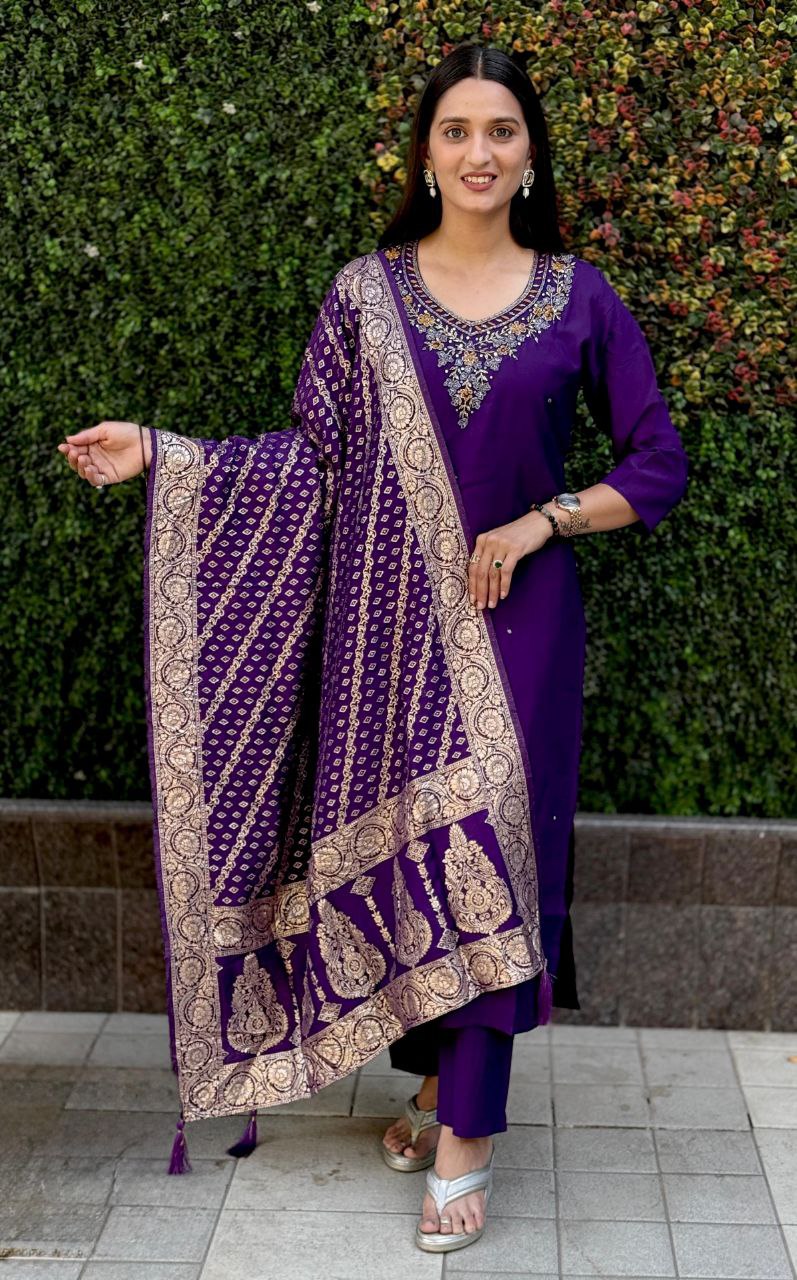 Lorenvalley Fashion Purple Roman Silk Hand Work Kurta Pant with Dupatta 