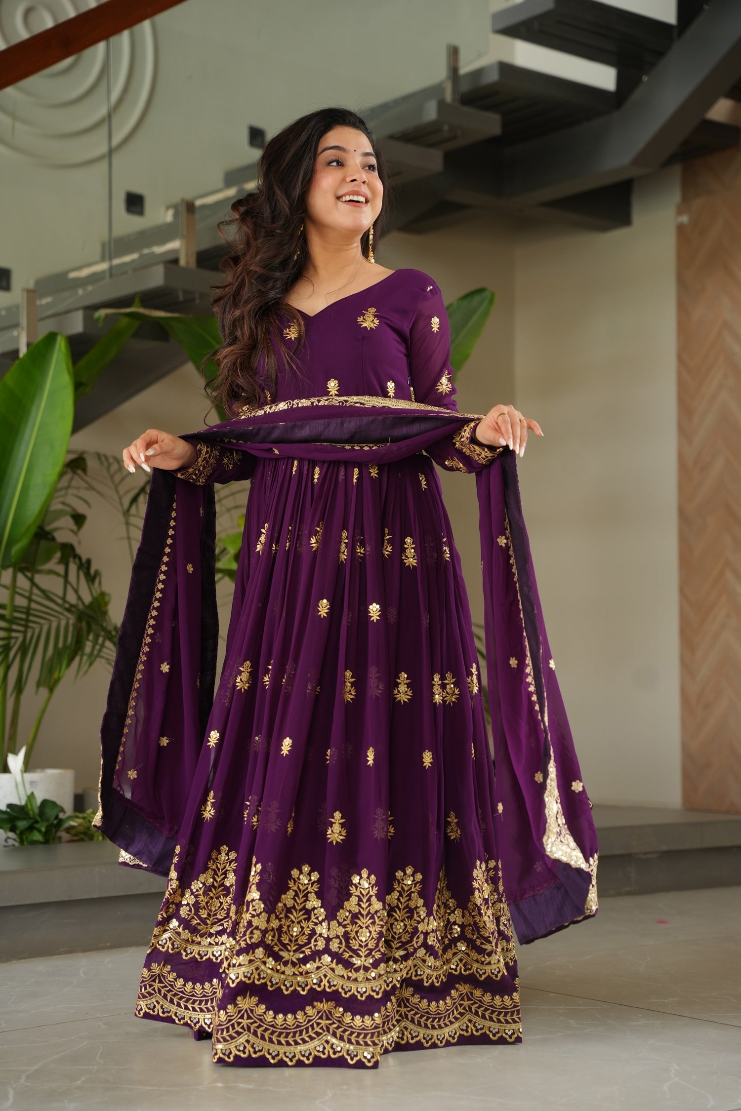 Lorenvalley Fashion Purple Faux Georgette with Zari & Sequins Embroidered Work Anarkali Gown with Dupatta 