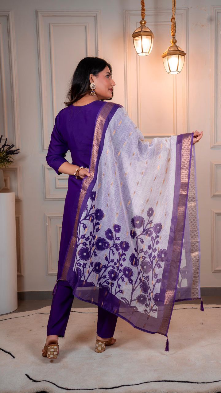 Lorenvalley Fashion Purple Roman Silk Hand Work Kurta Pant with Dupatta 