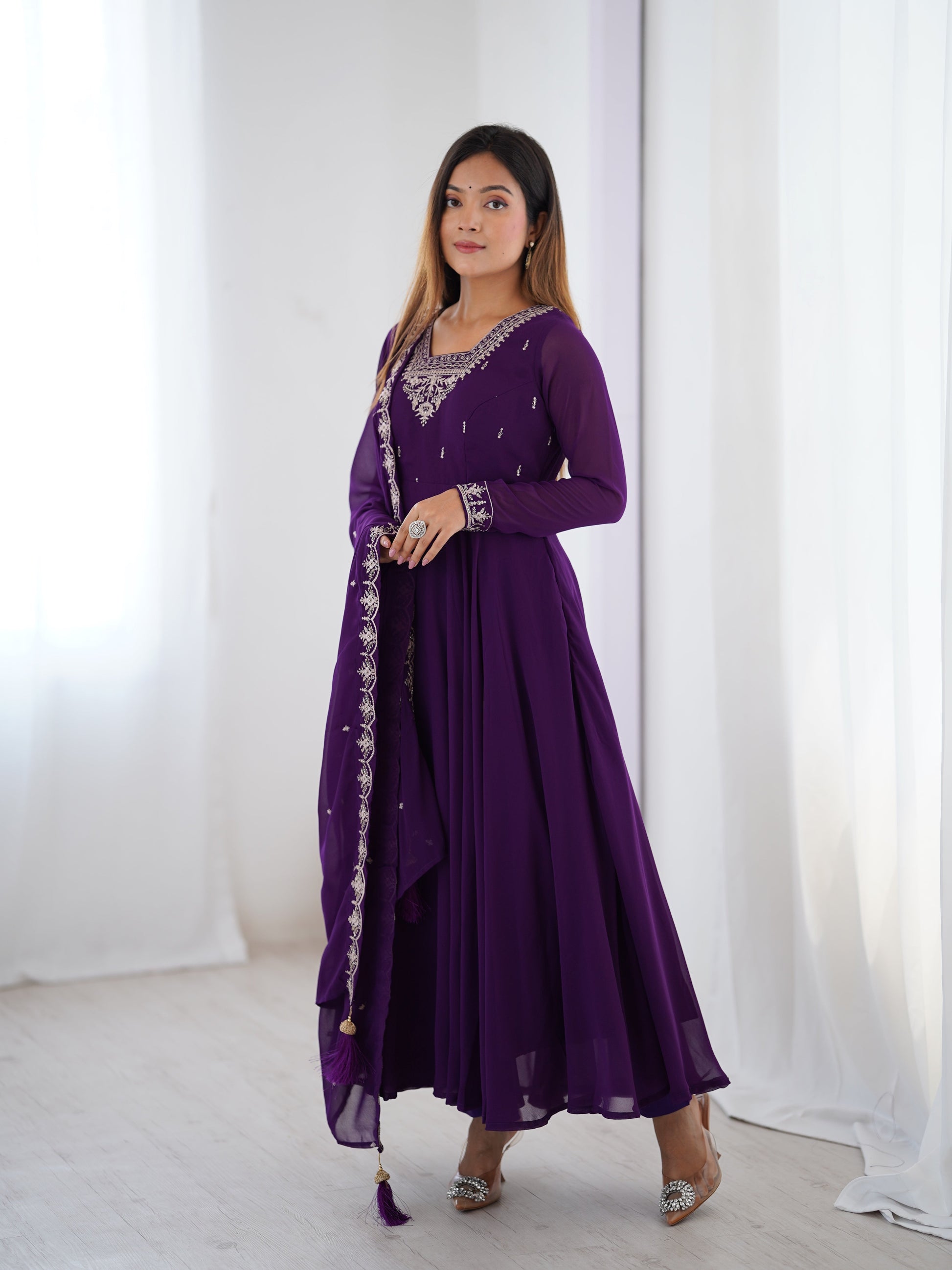 Lorenvalley Purple Faux Georgette Fancy Embroidery Beads And Jari Work Anarkali Kurta Palazzo With Dupatta Set 