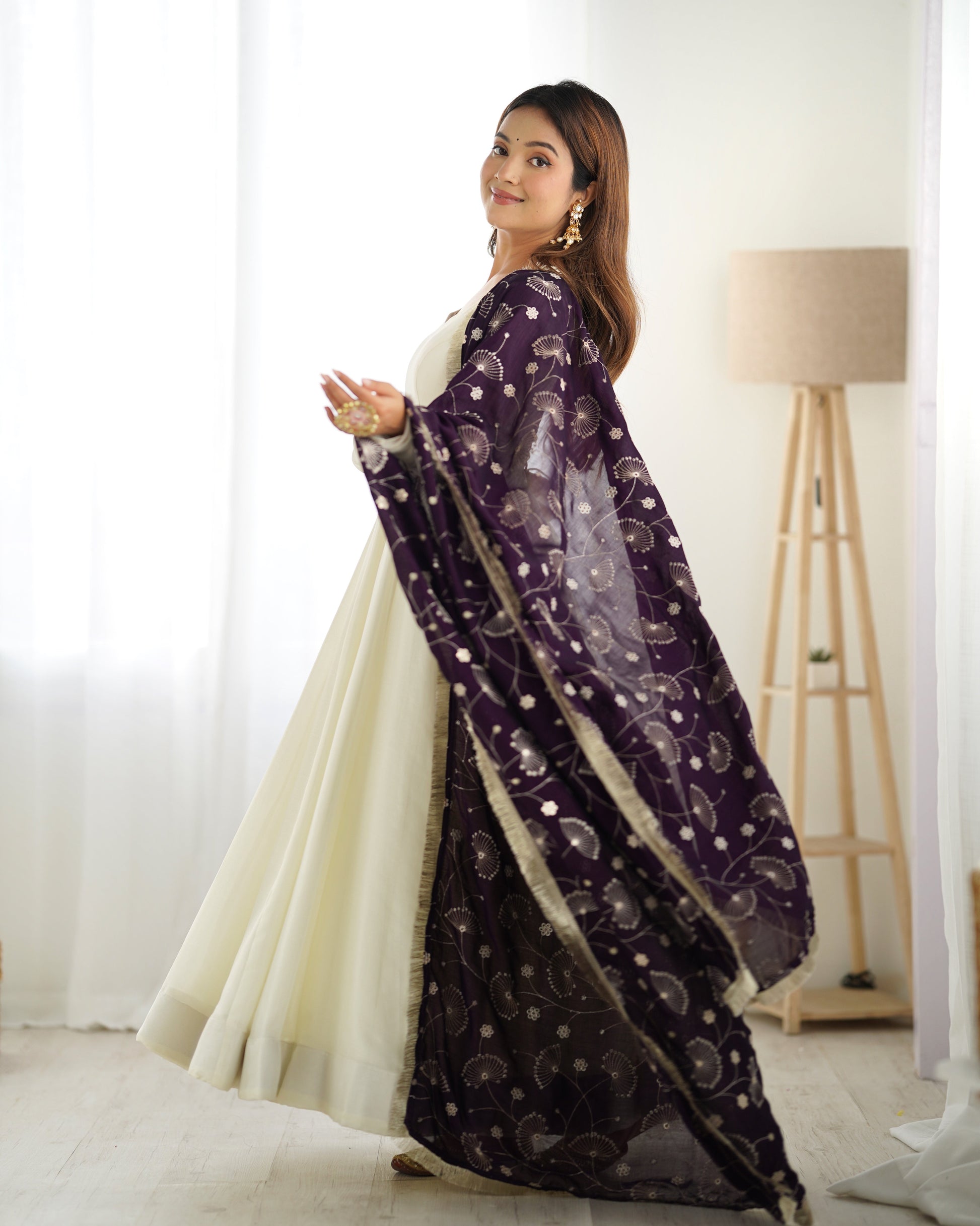 Lorenvalley White Vichitra Silk Fabric Fully Flared Anarkali Pant With Dupatta Set