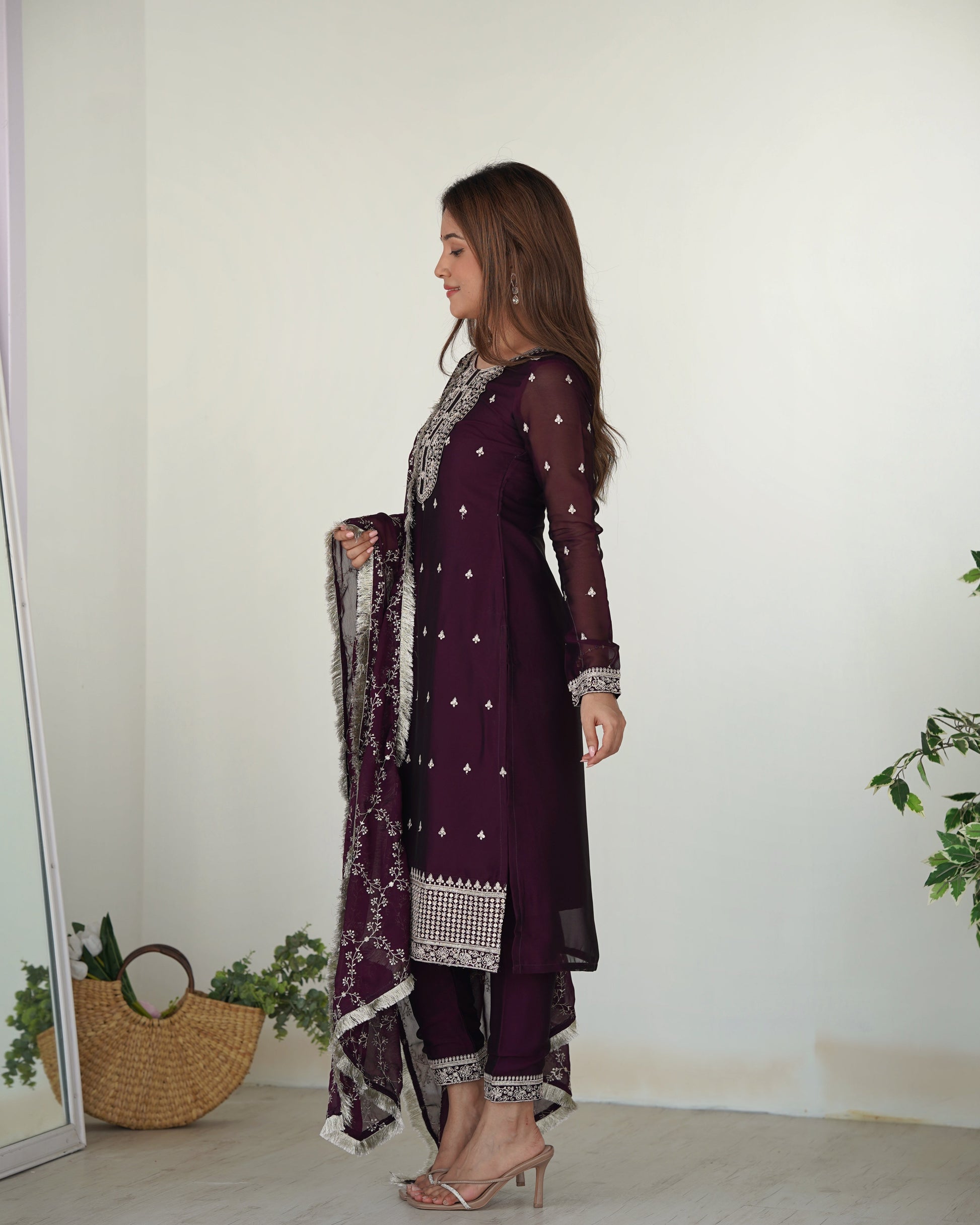 Lorenvalley Wine Rangoli Silk Embroidery Sequence And Thread Work Kurta Trousers with Dupatta Set 