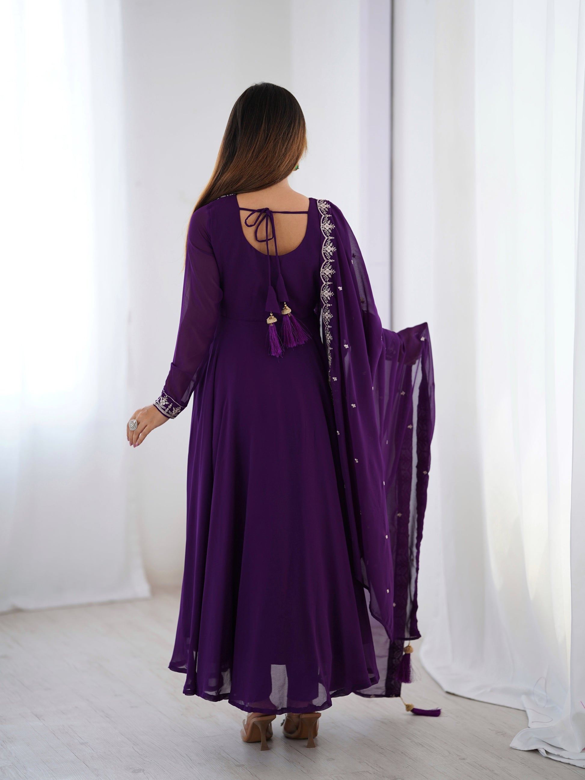 Lorenvalley Purple Faux Georgette Fancy Embroidery Beads And Jari Work Anarkali Kurta Palazzo With Dupatta Set 