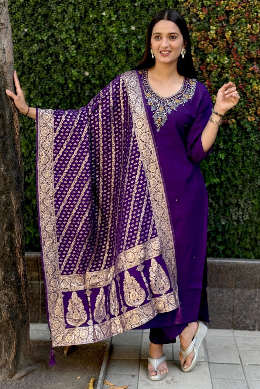 Lorenvalley Fashion Purple Roman Silk Hand Work Kurta Pant with Dupatta 